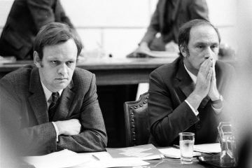 Jean Chrétien (left) and Pierre Trudeau (right) at the Indian Red Paper Brief to Government, 1970. Photo by Duncan Cameron / Library and Archives Canada